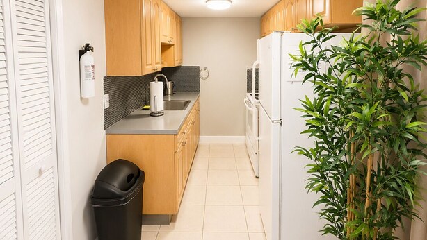 A compact kitchen with wooden cabinets, a white refrigerator, a black trash bin, and a potted plant.