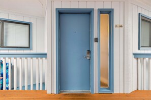 A blue door with a keypad lock, a window with blinds, and a number plate 'C-346' on the wall. - Hilton Head Beach & Tennis Resort , Oceanfront, Tennis, Restaurants, Pickleball! (Hilton Head Island)