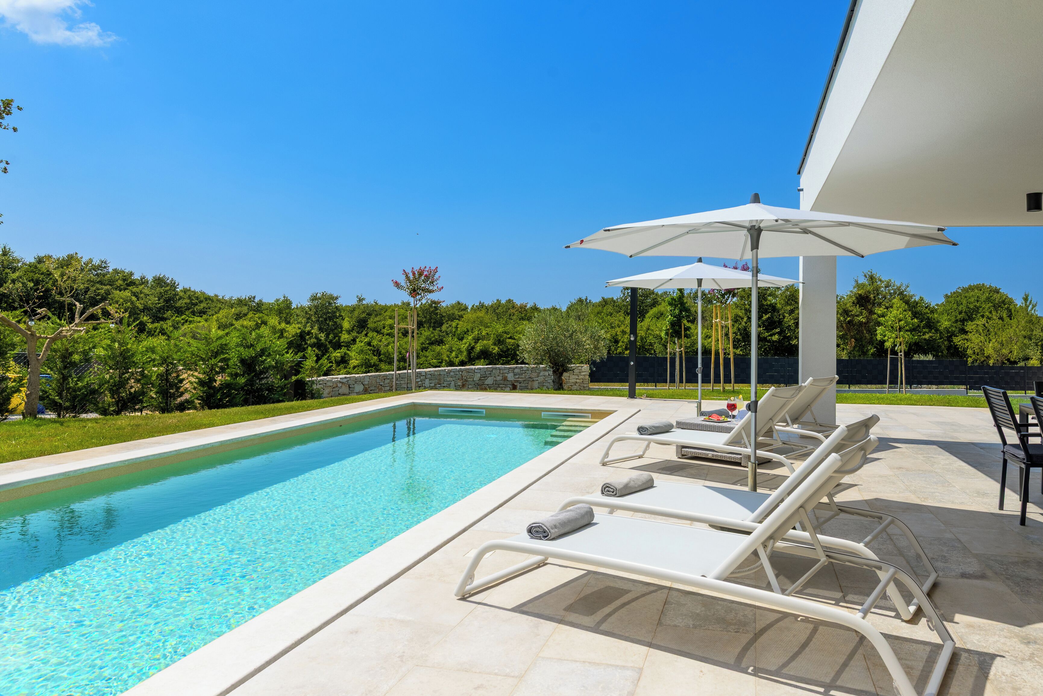 A swimming pool with lounge chairs and umbrellas, surrounded by greenery.