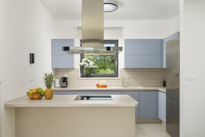 A modern kitchen with a central island, a built-in stove, and a window with a view of greenery. - Villa Luen (Istria - Cukrići) (Cukrići)