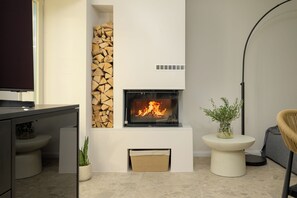 A modern living room with a fireplace, a television, a plant, and a floor lamp. - Villa Casa Abete (Istria - Svetvinčenat) (Svetvinčenat)