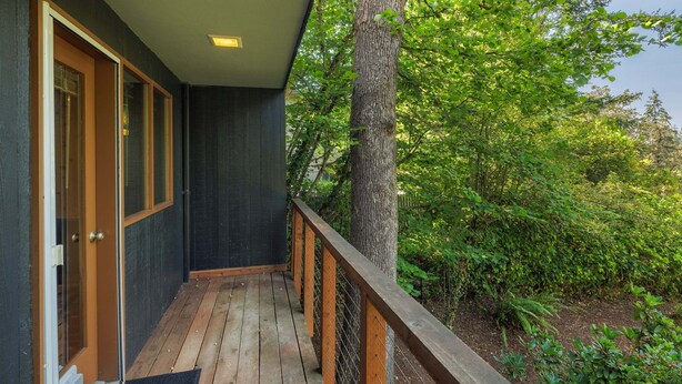Une terrasse en bois avec une rambarde en métal, une porte et une vue sur une zone bordée d’arbres.