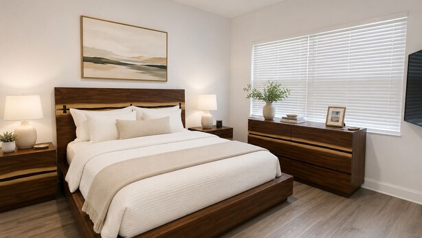 Een slaapkamer met een groot bed, een houten hoofdbord, nachtkastjes met lampen, een nachtkastje, een dressoir, een raam met jaloezieën en een ingelijst beeld op het dressoir.
