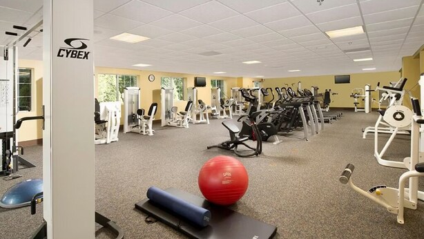 A gym with various exercise equipment, a red exercise ball, and a black mat. - Free Breakfast & Seasonal Pool |Swim, Recharge & Rest After a Day of Exploring (Ruckersville)
