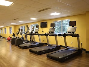 A gym with multiple treadmills lined up against a yellow wall, large windows, and exercise balls.