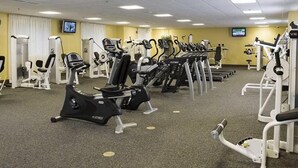 Une salle de sport équipée de divers appareils d’exercice, notamment des tapis de course et des vélos d’appartement, disposés en rangées.