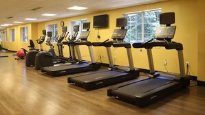 Et fitnesscenter med flere løbebånd stillet op mod en gul væg, store vinduer og træningsbolde.