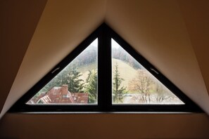 Janela triangular com vista para um prédio e árvores.