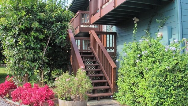 Una casa con una scala in legno che conduce a un balcone, immersa nel verde e circondata da piante fiorite.