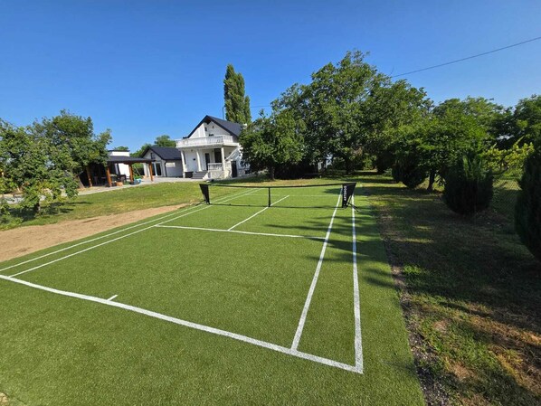 A tennis court with a net in the center, surrounded by trees and a house in the background.