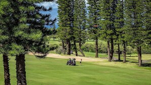 Een golfbaan met heldere lucht, een zandbunker en een putting green.