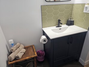 A bathroom with a white sink, a mirror, a towel rack, and a waste bin.