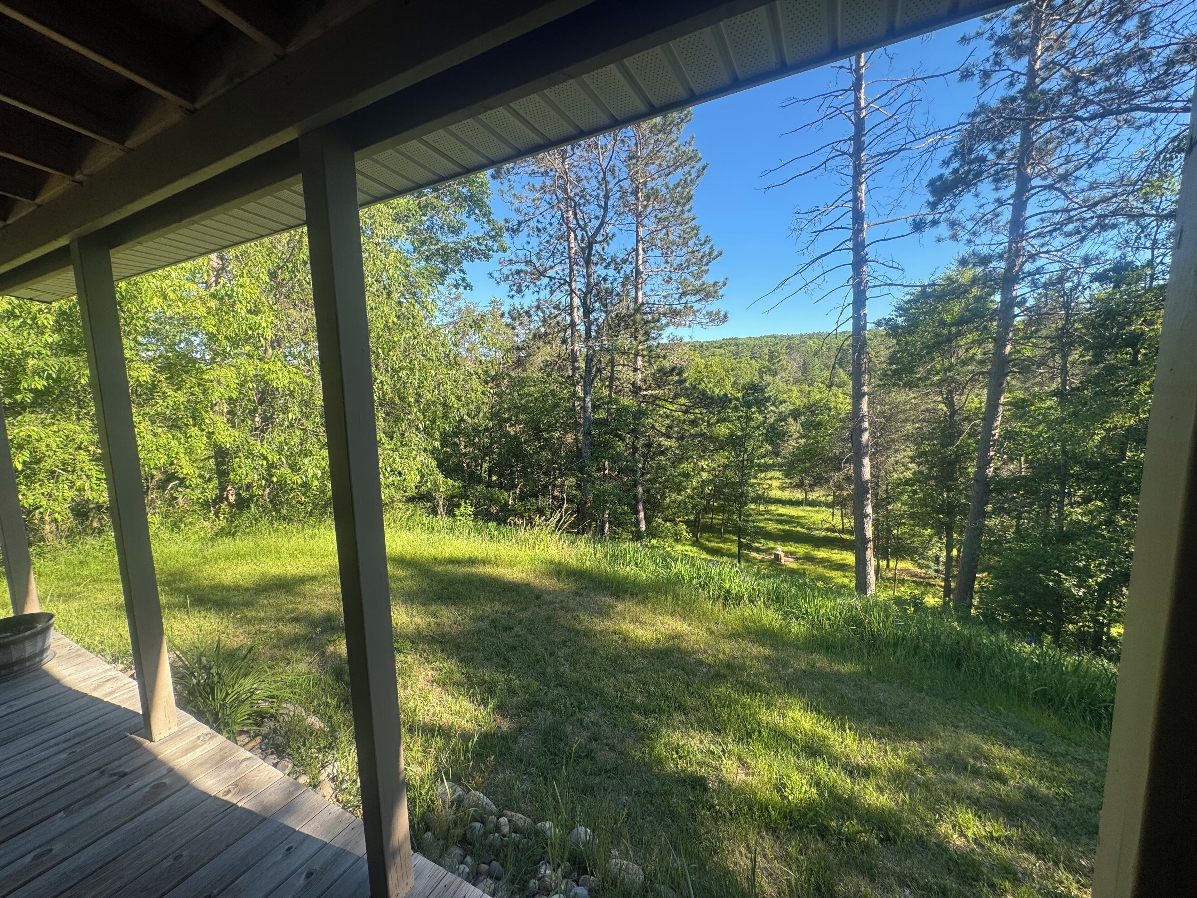 A covered outdoor area with a view of a forested landscape.