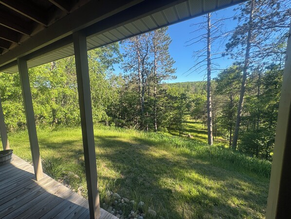 A covered outdoor area with a view of a forested landscape.