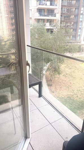 Ein Balkon mit Glastür, Metallgeländer und Blick auf eine Wohngegend mit Bäumen und Häusern.