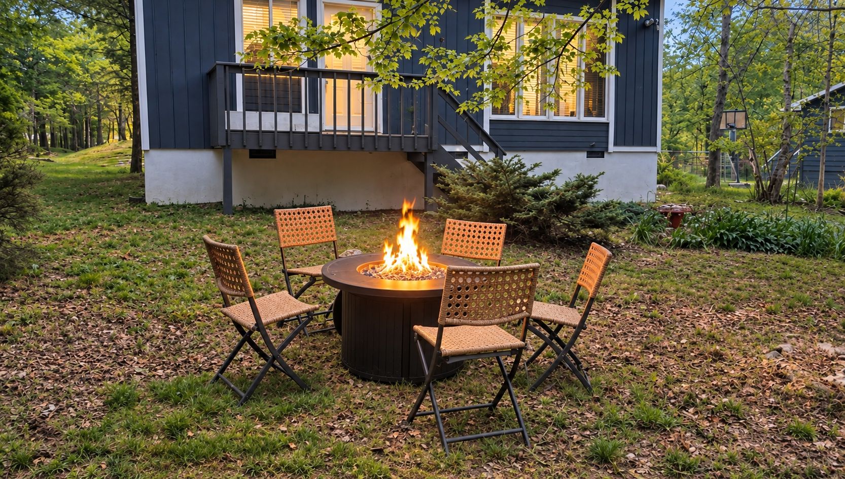 A circular outdoor fire pit with four chairs, surrounded by a grassy area with trees and a building in the background.