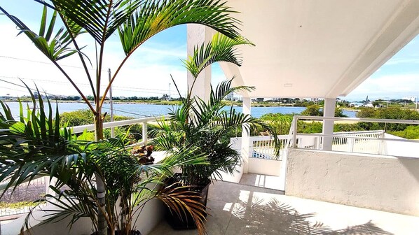 A balcony with potted plants, a view of the sea, and a white railing.
