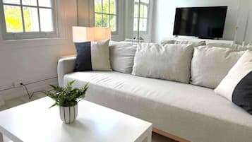 A modern living room with a sofa, a TV, and a plant on a table.