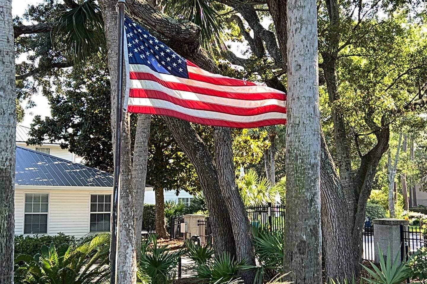 Eine amerikanische Flagge an einem Fahnenmast in einer Wohngegend mit Bäumen und einem Haus im Hintergrund.