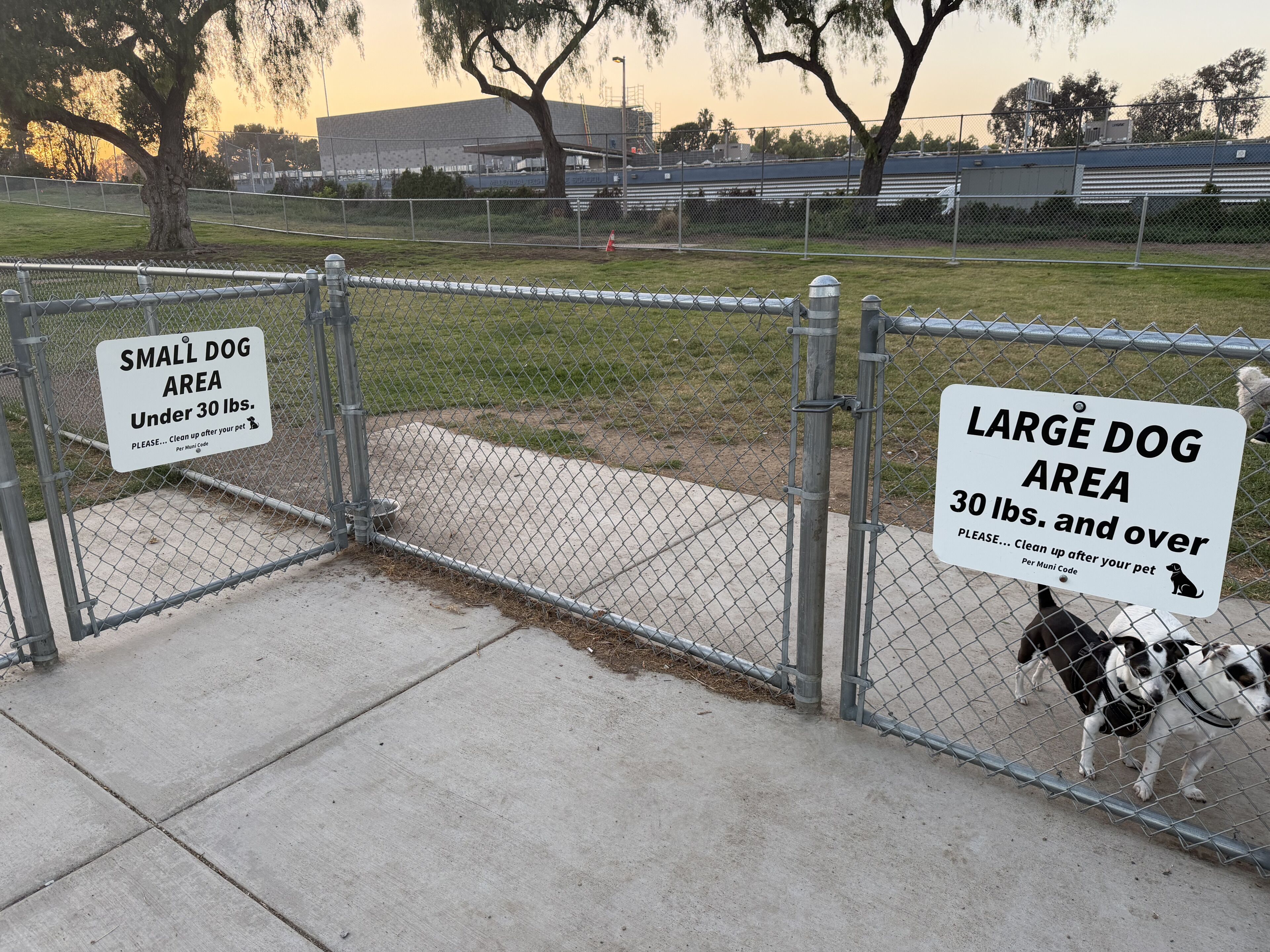 A fenced area with signs indicating small and large dog zones.