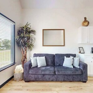 Une pièce avec un canapé gris, un grand miroir, une plante en pot et un meuble blanc.