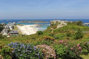 A coastal landscape with a sandy beach, rocky outcrops, and a variety of flowering plants. - Ty Maezou - LANNION - Vacation Rental (LANNION)
