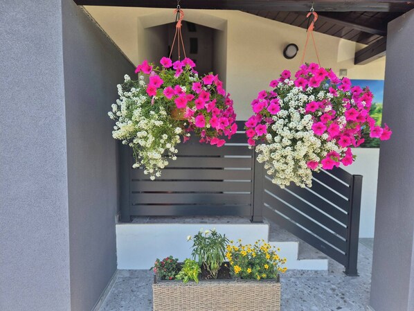 A balcony with hanging flower baskets and a wicker planter with plants.