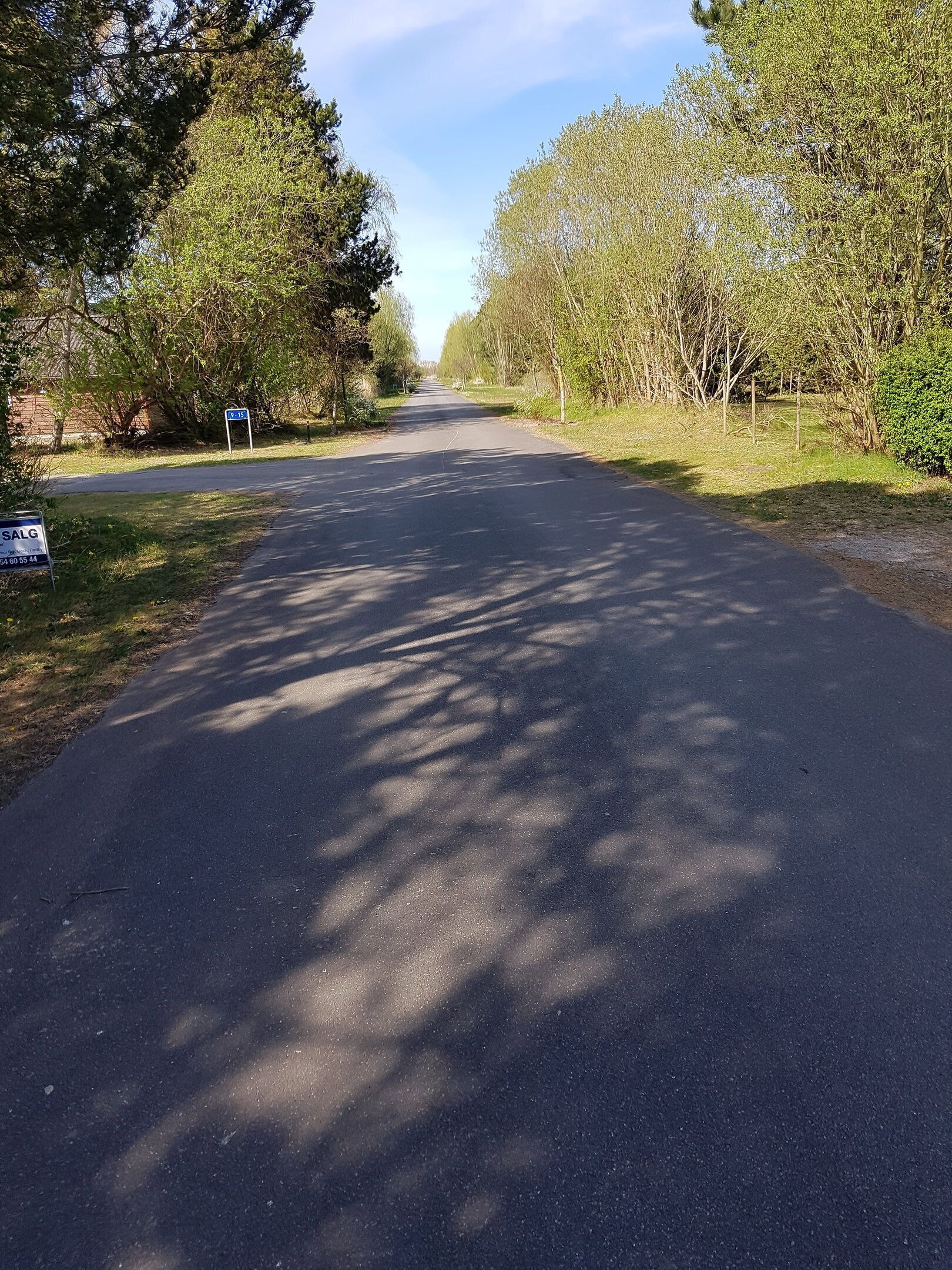 A paved road flanked by trees and a sign indicating a 9-15 mile distance.