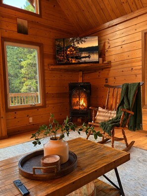 Smart TV, chimenea y libros 