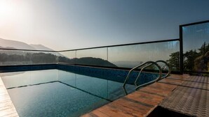 An infinity pool with a wooden deck and a glass barrier, overlooking a mountainous landscape. - Alivaa Hotel, Mcleodganj With Best Dhauladhar View (Dharamshala)