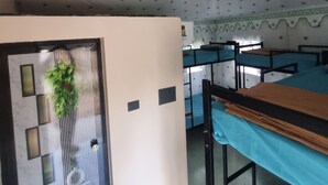 A room with bunk beds, a hanging plant, and a patterned ceiling.
