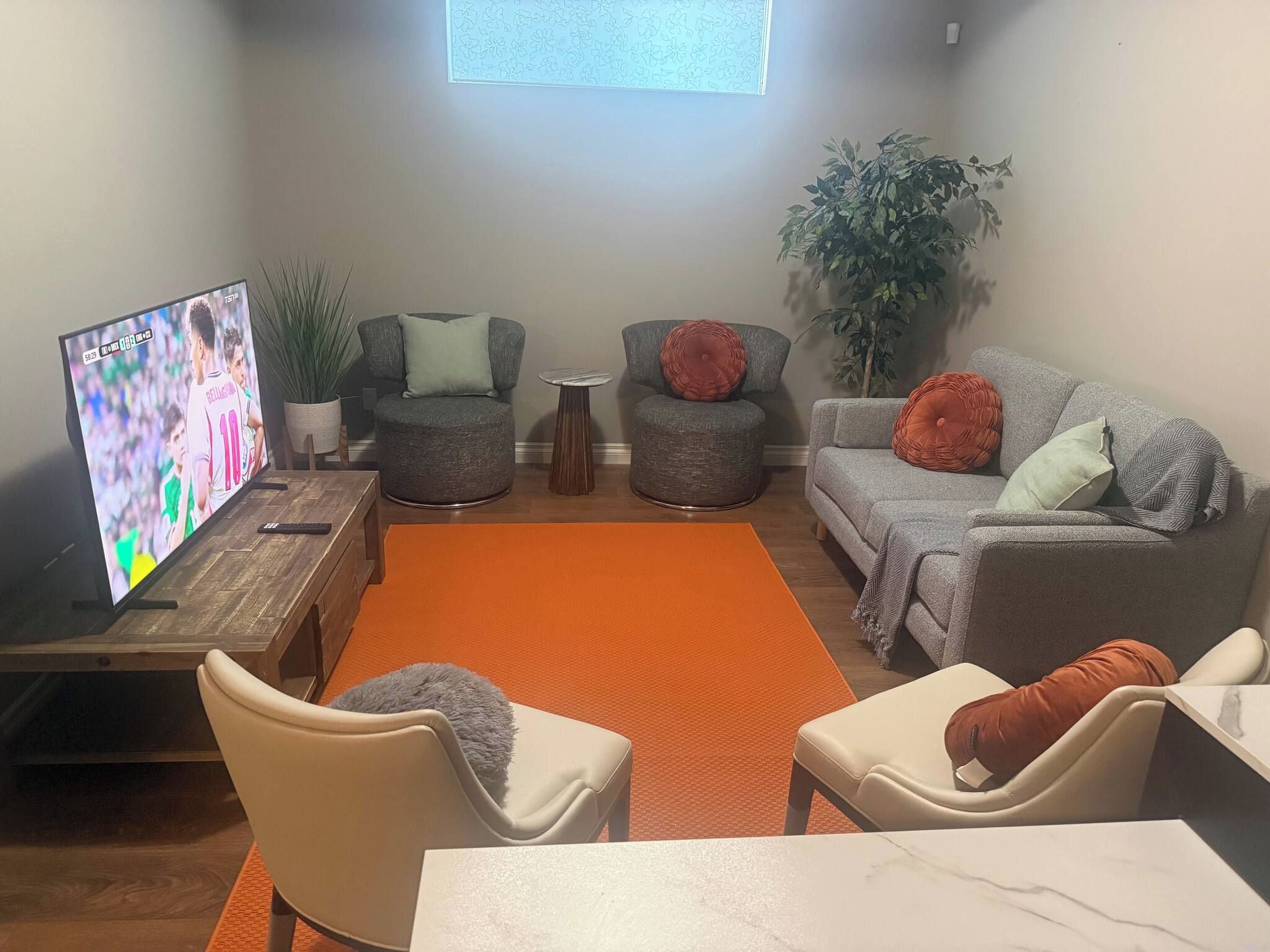 A living room with a television, two grey armchairs, a sofa, a coffee table, and a rug.