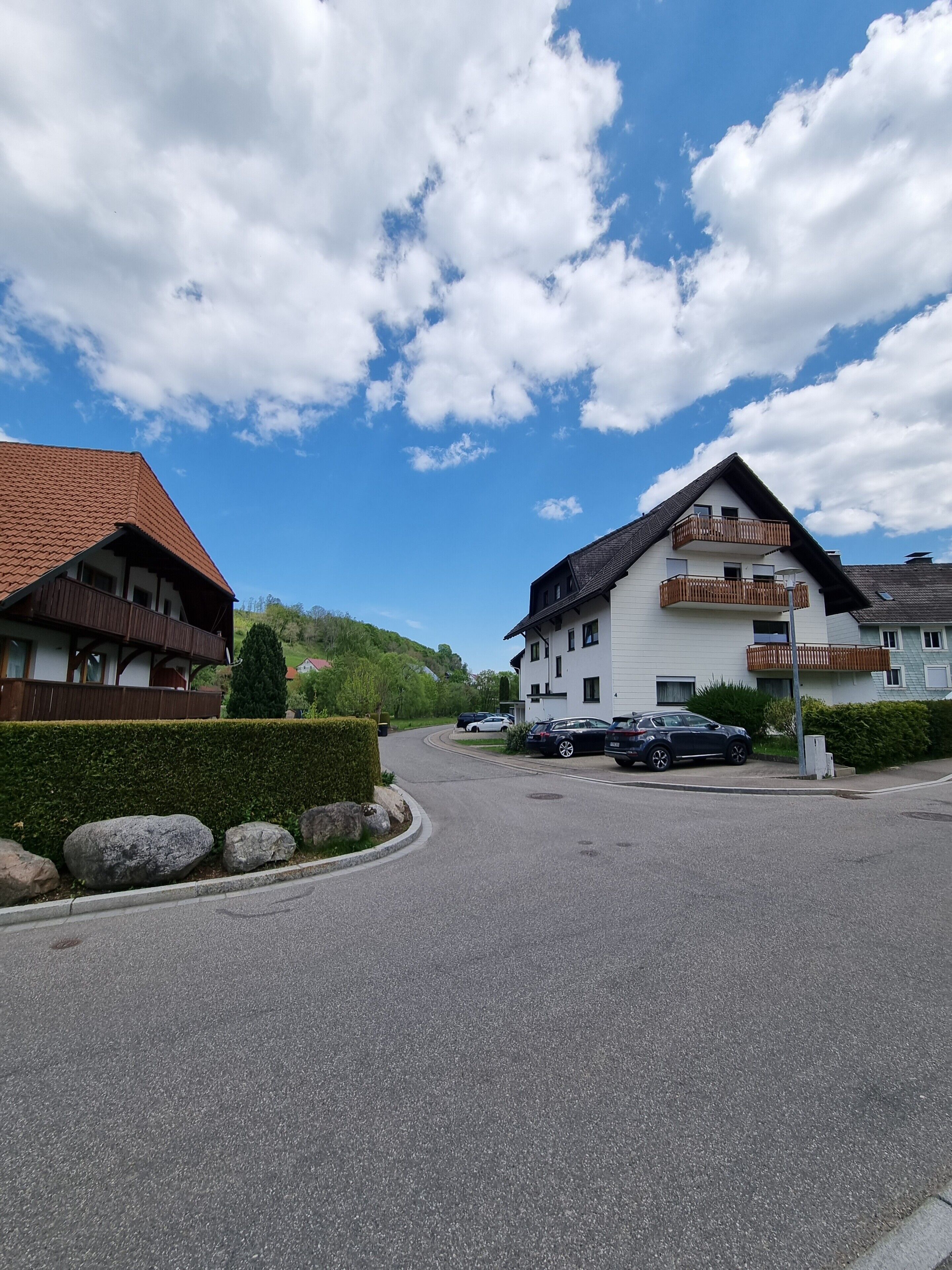 A residential street with houses, a clear sky, and parked cars.