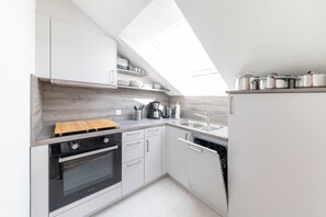 A modern kitchen with a skylight, built-in oven, and stainless steel appliances. - Apartment on Uhrenstraße (Lenzkirch)