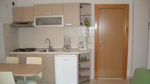 Cocina compacta con estufa, lavamanos y un refrigerador pequeño. Hay una mesa de comedor con sillas y un sofá verde en la sala.