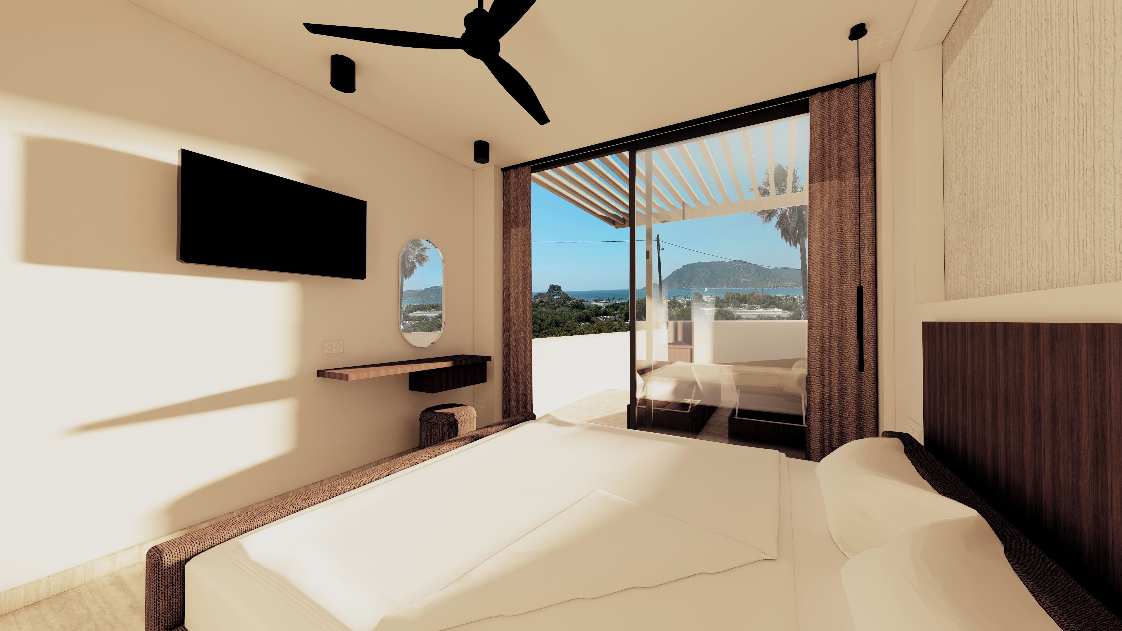 Ein modernes Schlafzimmer mit einem Bett, einem an der Wand montierten Fernseher, einem Deckenventilator und einem großen Fenster mit Blick auf das Meer und die Hügel.
