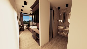 Un baño moderno con un espejo grande, un lavabo y una zona de ducha.