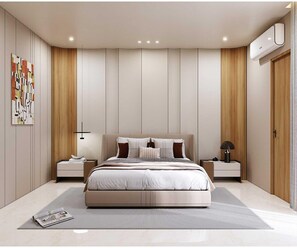 A modern bedroom with a large bed, two bedside tables, a wall-mounted air conditioner, and a floor lamp.