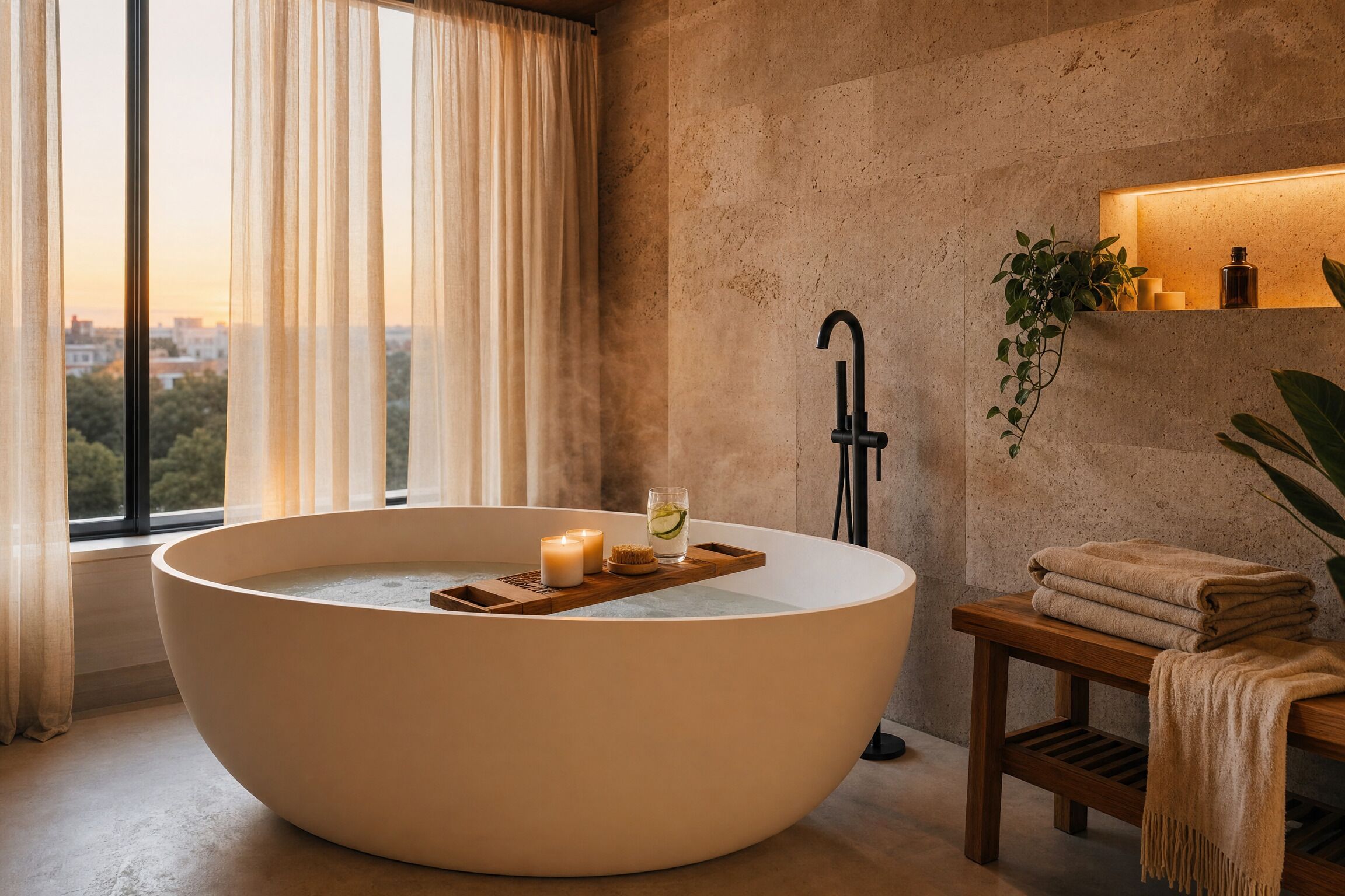 Une salle de bain moderne avec une grande baignoire sur pieds, une petite table en bois avec des bougies et un verre d’eau, un porte-serviettes avec des serviettes, et une vue sur la ville à travers de grandes fenêtres.