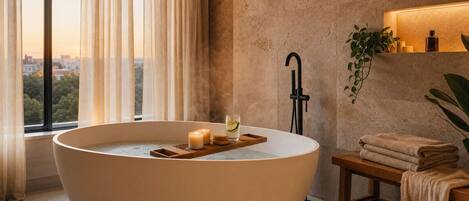 Une salle de bain moderne avec une grande baignoire sur pieds, une petite table en bois avec des bougies et un verre d’eau, un porte-serviettes avec des serviettes, et une vue sur la ville à travers de grandes fenêtres.