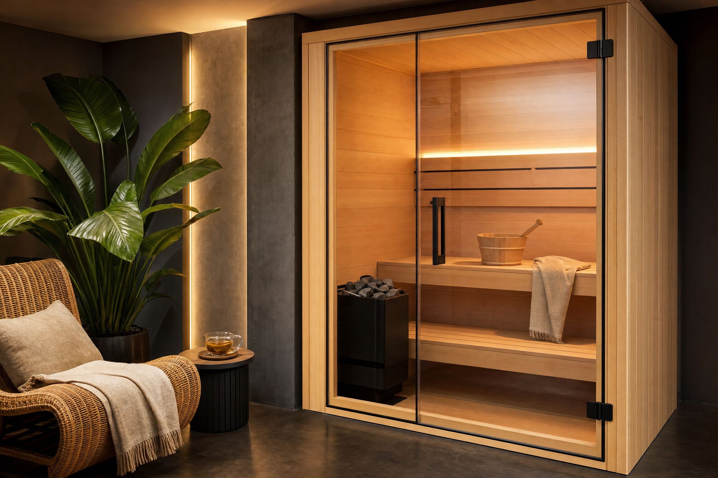 Een moderne kamer met een sauna met glazen voorgevel, een rieten stoel, een potplant en een klein tafeltje met een kop.