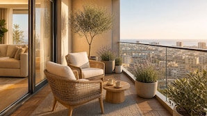A balcony with wicker furniture, a potted tree, and a view of the cityscape. - Houyam Location (Flemalle)