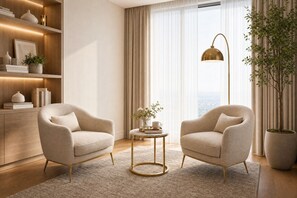 Un salón moderno con dos sillones, una mesa baja y una lámpara de pie. Se aprecia una estantería con objetos decorativos y un amplio ventanal con cortinas.