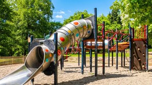 Un parque infantil con un tobogán, estructuras para escalar y una zona vallada.