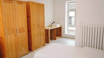Un dormitorio con cama, escritorio con lavamanos y armario.