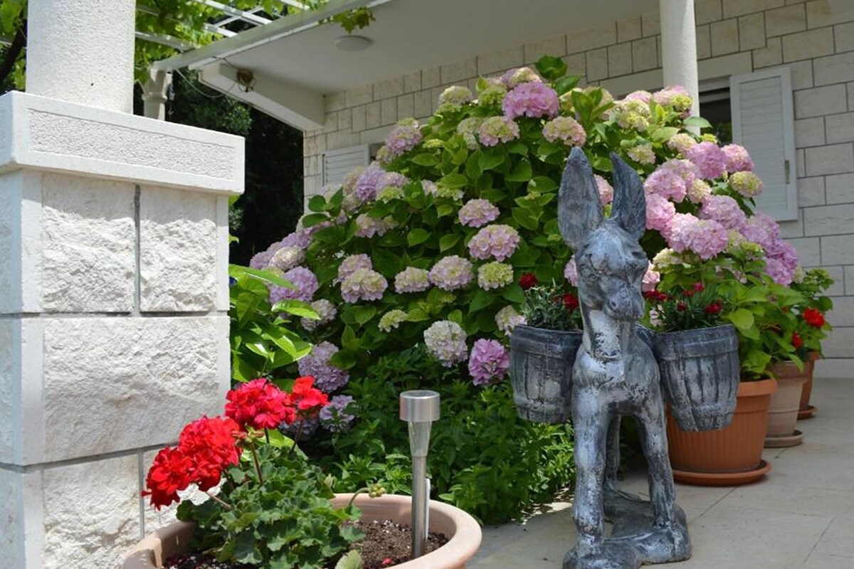 Ein Garten mit einer Statue, Blumentöpfen und einer Gebäudefassade.