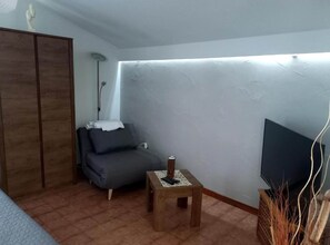 Ein kleiner, gemütlicher Raum mit einem grauen Sofa, einem Holztischchen, einem Fernseher und einem Kleiderschrank.