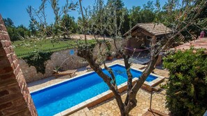 A swimming pool with a tree in the center, surrounded by stone tiles and a brick wall. - Apartments Andre Porec - Two Bedroom Apartment With Balcony and Pool (Porec)