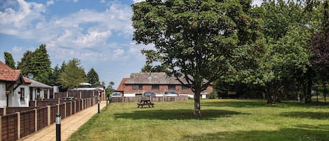 A grassy area with a picnic table and a tree, surrounded by a fence and buildings.
