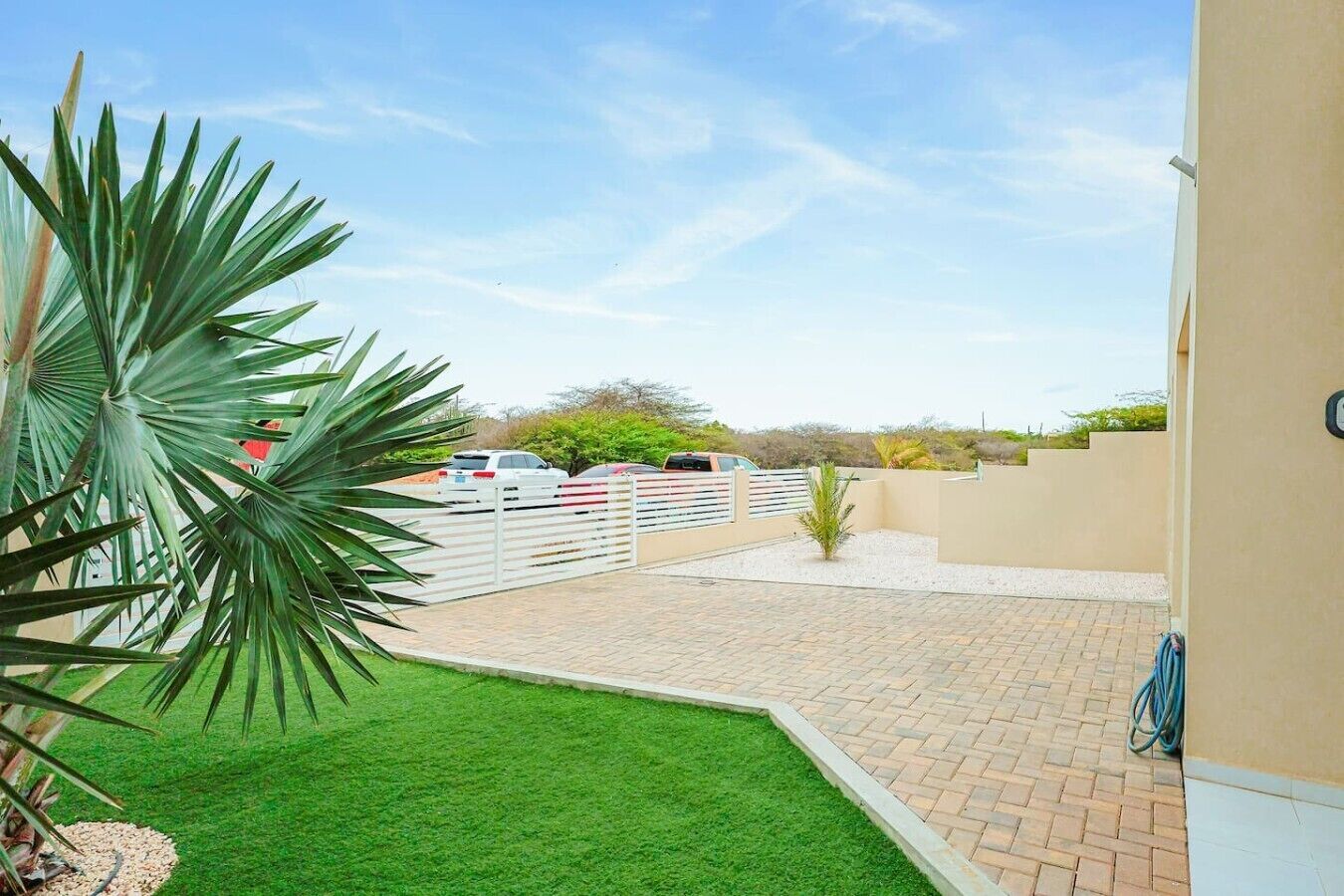 A paved driveway leading to a gated entrance with parked cars, a small lawn area with artificial grass, and a palm plant.